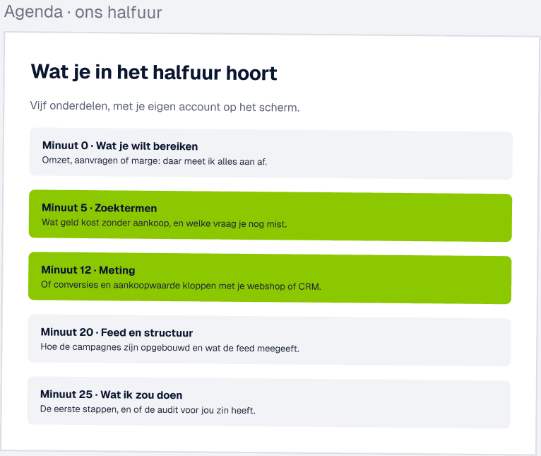 Agenda: wat je in het halfuur hoort
